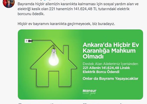 Elektrik borçlarını Ankara Büyükşehir ödedi